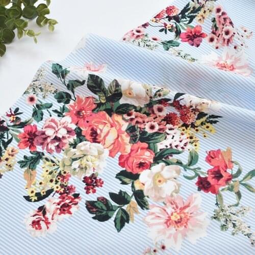 1meter 100% cotton Flower stripe blue printing fabric for Childrens skirt dress DIY Summer clothes bag handwork fabric art XMT