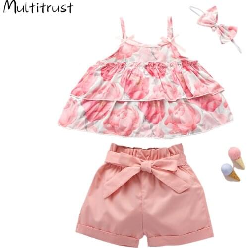 3PCS Summer Newborn Infant Baby Girl Clothes Set Sleeveless Ruffle Halter Crop Tops + Short Pants + Bow Headband Outfit Set