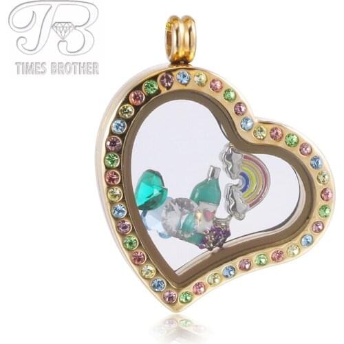 30mm Rainbow Rhinestone Memory Locket Curvy Heart Clear Glass Rose Golden 316 Stainless Steel Magnetic Pendant Necklace