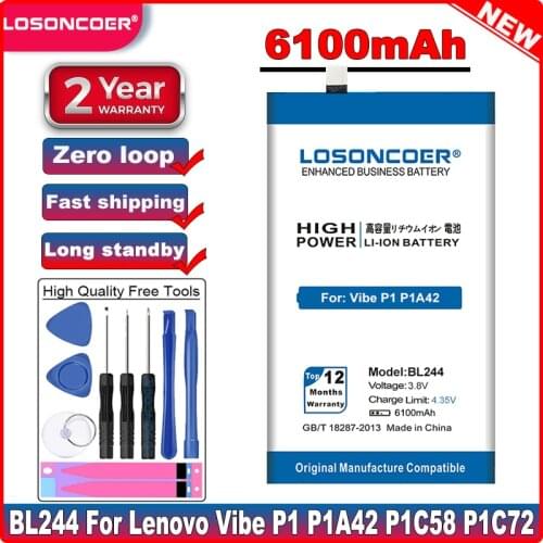 LOSONCOER 6100mAh BL244 Battery for Lenovo Vibe P1 P1A42 P1C58 P1C72 Mobile Phone Batteries Free tools Stand Holder Stickers