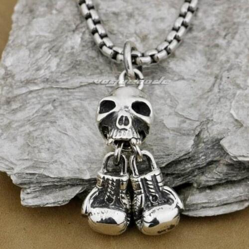 Boxing Gloves Skeleton Skull Pendant 925 Sterling Silver Mens Biker Rock Punk Pendant 9E004