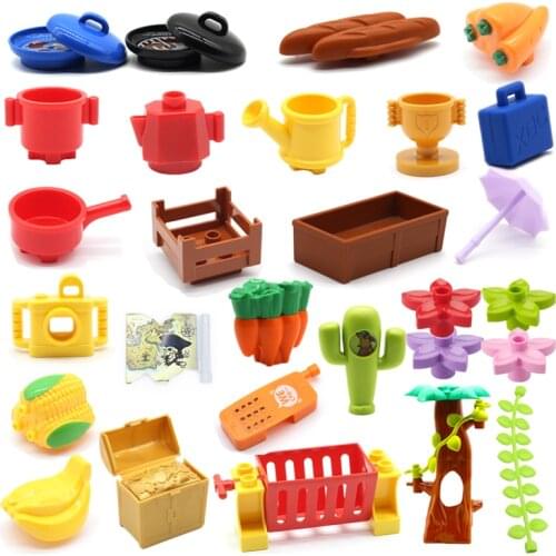 Big Building Blocks Bricks Farm Plant Tree Kitchenware Duploe Accessories Fruit Vegetables Bread Phone Toys For Children Gift