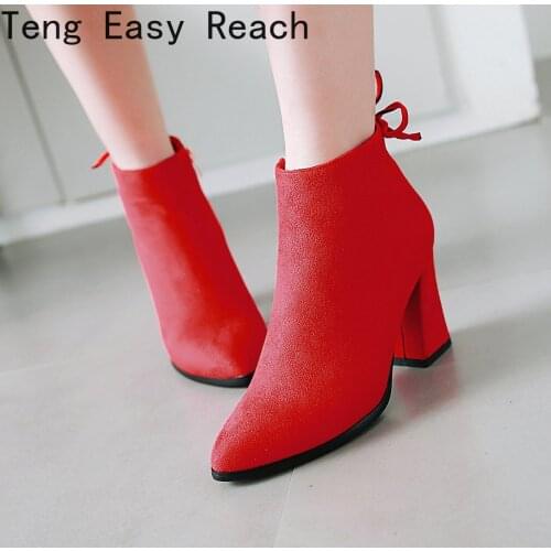 Square Heel Ankle Boots Women Winter Autumn Short Boots Shoes Pointed Toe Fashion Ladies High Heels Boots Womens Ankle Botas 32