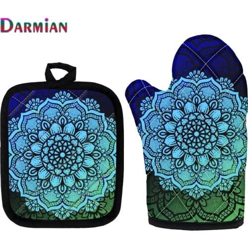 DARMIAN Microwave Oven Cooking Baking Bohemian Flower Printed Resistant Hot Pads Flexible Cooking Gloves 2pcs Kitchen Supplies
