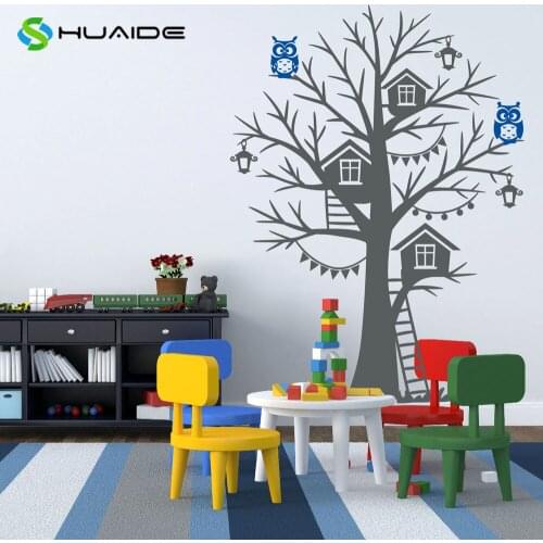 Baby Nursery Tree House Birch Wall Decal with Owls and Birdhouse Vinyl Sticker Removable Bedroom Decoration Wall Art Mural A-54