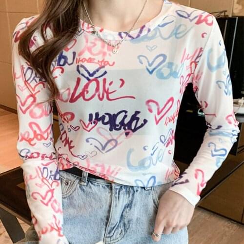 IMucci Letter Print Nylon Natural Color Mesh Blouse Summer Light Weight Sun Protection Base Shirt Ice Silk Long Sleeve