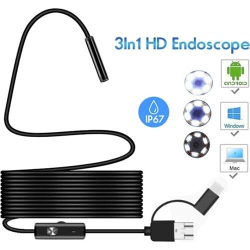 5.5mm Endoscope Camera Waterproof 3 in 1 USB/Micro USB/Type-C Borescope Inspection Camera for Android Phone PC 6LED Adjustable