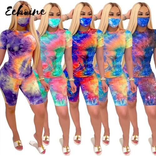 Tie-dye Print Two Piece Set Women Pullover T-shirt + Cycling Shorts Pants Casual Skinny Sport Tracksuit with Mask Plus Size 2XL