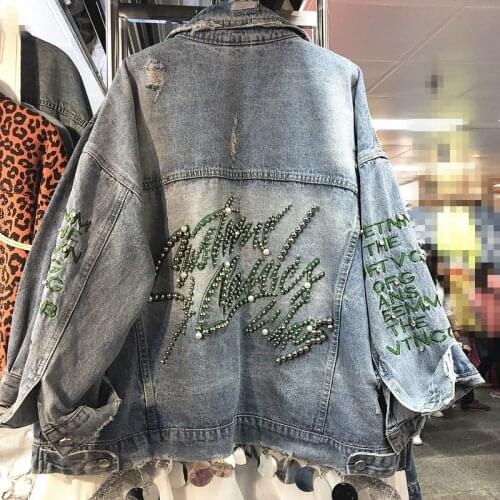 Hip Hop Loose Fit Womens Spring Autumn Denim Jackets Letter Embroidered Rivet Diamonds Hole Ripped Casual Female Outerwear Coats
