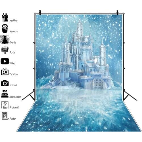 Laeacco Winter Snow Scenic Fairytale Castle Snowflake Baby Birthday Photocall Background Child Portrait Photographic Backdrops