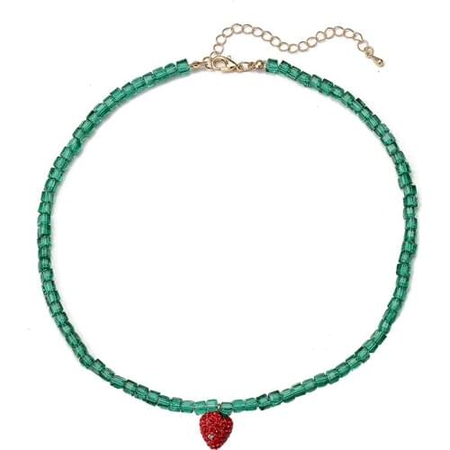 2021 Summer Square Glass Beads Chain Simple Cute Charm Necklaces Strawberry Pendant Necklaces For Women Girl Trendy Jewelry Gift