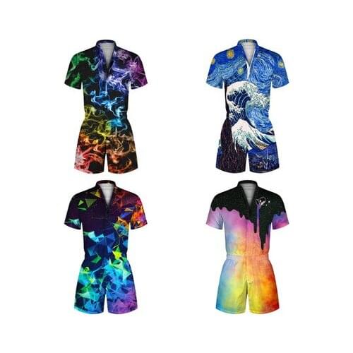 Star digital print mens zipper one-piece shorts leisure resort rubber waist beach pants