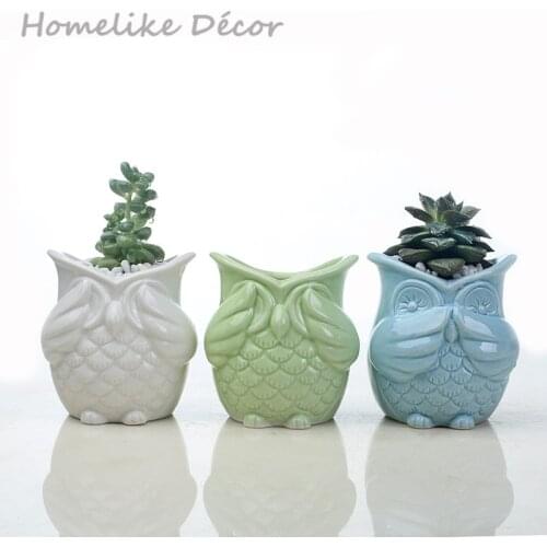 Pack of 3 pieces Owl shaped ceramic flowerpot Mini Owl animal porcelain flower plant pot for Desktop Home Garden decoration