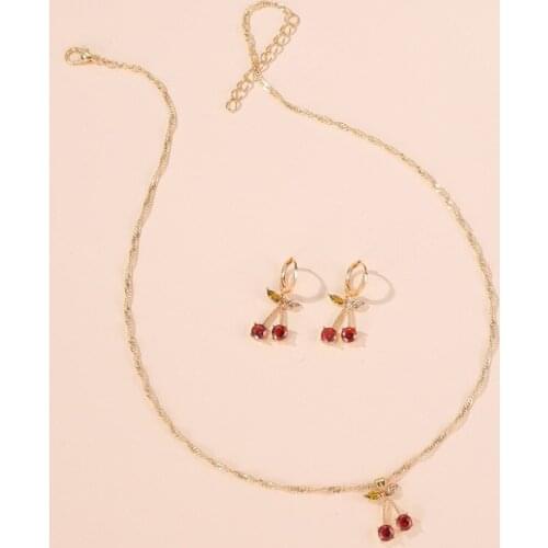 Necklace Crystal Wedding Earrings Simple Red Cherry Womens Jewelry All-match Elegant