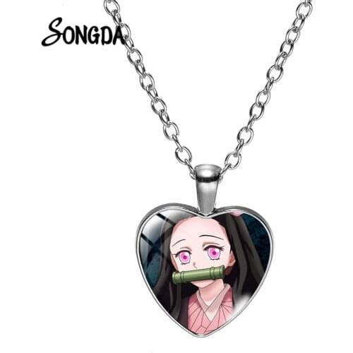 Demon Slayer Kimetsu No Yaiba Necklace Kamado Tanjirou Nezuko Kawaii Cartoon Printed Glass Art Heart Pendant Fashion Long Chain