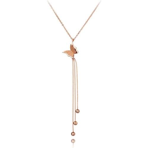 Trendy Bohemia Stainless Steel Butterfly Animal Necklaces Jewelry Rose Gold Tassel Pendant Necklace For Women N20019