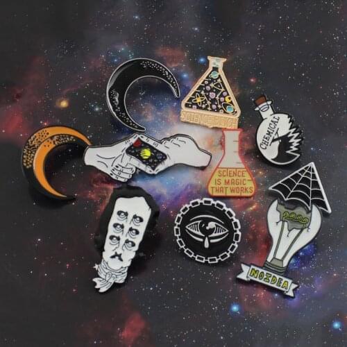 Planet Science Science is Magic Clumsy Professor/Chemistry X Cobweb Devil Eye Edgar Allan Poe Star Moon Light Bulb Brooch