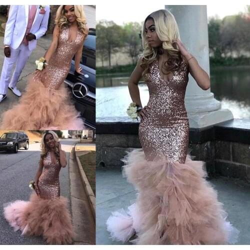 African Black Girls Sequined Prom Dresses 2020 Rose Gold Formal Pageant Holidays Wear Graduation Evening Gown Custom Made Plus