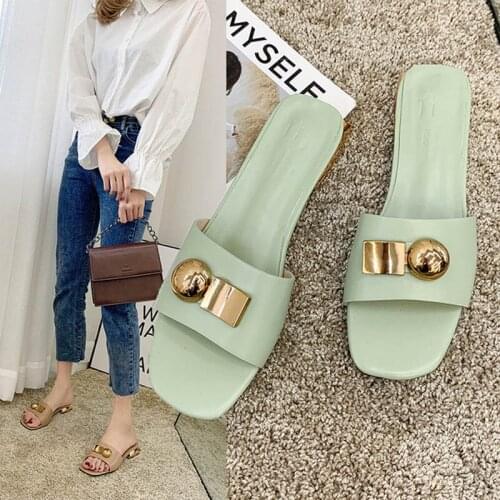 Womens Outside Leisure Sides Fashion New Square Toe Metal PU Slippers Female Casual Rubber Soled Party Sandals Dropshoping