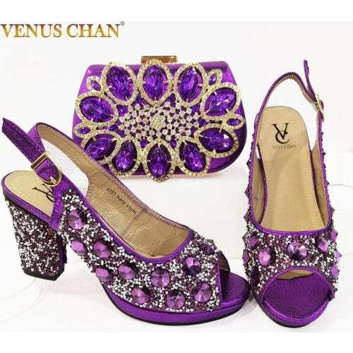 Retro Italian Lady Shoes and Bag to Match Purple Color Nigerian Women Shoes Matching Bag Comfortable Heels Sandals for Wedding