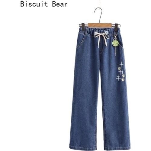Blue Womens High Waist Jeans Woman Floral Embridery Mom Jeans Femme Wide Leg Denim Pants Pckets 2021 Spring New Trousers