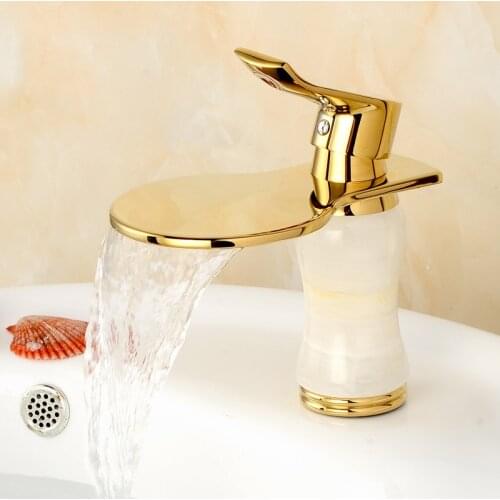 Basin waterfall Faucets Brass Torneira Cozinha Jade Body with Marble Basin Faucet Single Handle Gold Basin Sink Mixers Taps