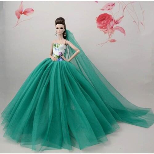 Green Chinese Flower Doll Dress For Barbie Doll Long Tail Evening Gown Clothes Wedding Dress +Veil 1:6 Doll Accessories Gift