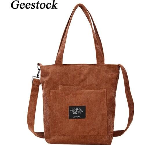 Geestock Shopping Bag Corduroy Reusable Bags Foldable Canvas Tote Bag Fashion Mu-Ti Pocket School Bags for Girls