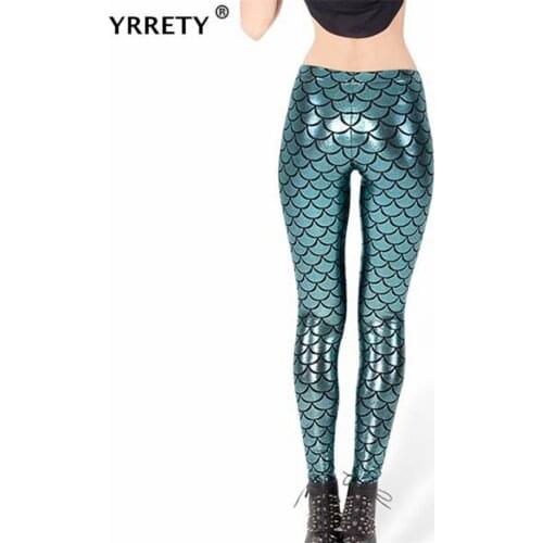 YRRETY Women Fish Scale Leggings Black Milk Digital Print Mermaid Pattern Plus Size XXXL Spandex Colorful Fitness Running Pants