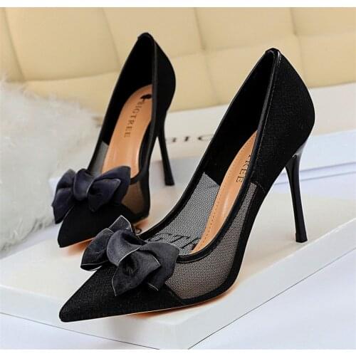 Ladies Sexy Mesh Hollow Black Blue Shoes Women Pumps Fashion Bowknot High Heels Shoes Woman Pointed Toe thin Dress Party Shoes