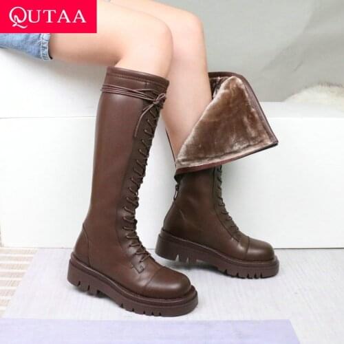 QUTAA 2022 Round Toe Lace Up Casual Knee High Boots Square Heel Winter Women Shoes Warm Plush Cow Leather Short Boots Size 34-43