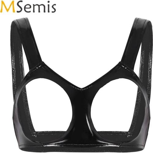 Womens Lingerie Wetlook Faux Leather Sleeveless Open Cups Bra Underwear Vest Tank Crop Tops