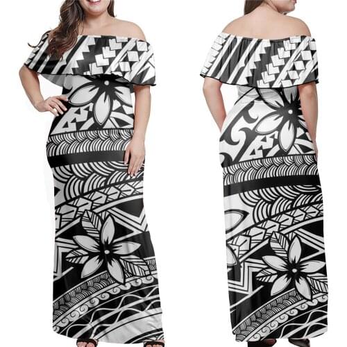 Jackherelook Black Polynesain Tribal Floral Womens Elegant Off Shoulder Maxi Dress Casual Summer Spring Party Long Dresses Mujer