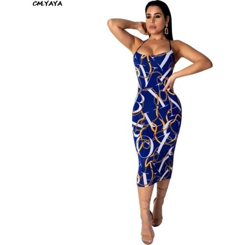 2019 women spaghetti strap chain letter print sleeveless bodycon midi dress pencil open back club party dresses 4 color LS6242