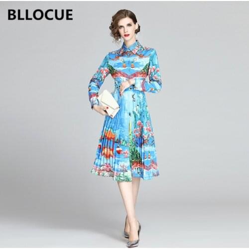 BLLOCUE 2020 Spring Autumn Fashion Peacock Floral Print Runway Dress Vintage Women Long Sleeve Slim Pleated Dresses
