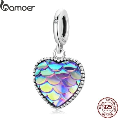 Bamoer Geniune 925 Sterling Silver Fish Scale Heart Pendant Inlaid with Colored Zircon Fit Bracelet or Necklace DIY Jewelry Gift