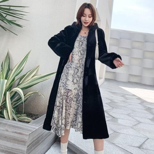 Velvet mink coat female whole sable long horizontal stripes hooded mink fur the sable cloth with soft nap of wool coat