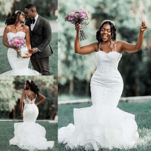 White 2021 Mermaid Lace Wedding Dresses Beading Spaghetti Straps Formal Bridal Gowns Tiers Skirt Long Formal Plus Size Marriage