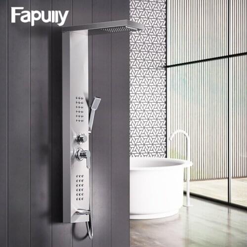 Fapully Shower Wall Panels Brushed Nickel Rain Waterfall Shower Panel Wall Mounted Massage System Handshower Shower Column Set