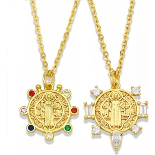 FLOLA Gold Chain Virgin Mary Necklace For Women Disc Circle Stone Necklace Pendant Catholic Jewelry virgen de guadalupe nket35