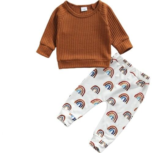 0-12M Newborn Infant Baby Clothes Sets Boy Girl Long Sleeve Sweatshirt Rainbow Print Long Pants 2pcs Outfit for Spring Fall