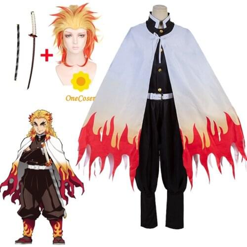 Rengoku Kyojuro Cosplay Costume Anime Demon Slayer :Kimetsu No Yaiba Cloak Uniform Adult Kids Wig Sward Halloween Party Outfit