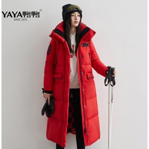 YAYA Womens Winter White Duck Down Jacket Thick Loose Over-The-Knee Length Warm Down Coat Hooded Windproof Warm Outerwear
