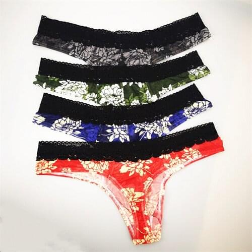 Mens Underwear Mesh Flowers Printed Thong Soft Lace transparent Sexy T-Back Thong U Covers Breathable Transparent Underwears