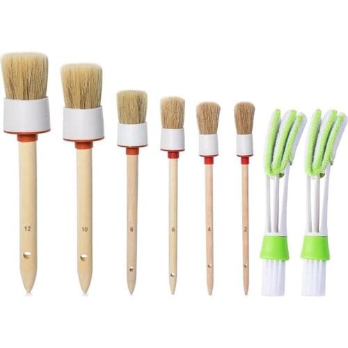 8-piece set of natural boar hair detail brush, cleaning wheel, leather, car detail brush set, air conditioning cleaning brush