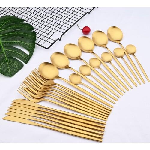 24Pcs Gold Matte Dinnerware Cutlery Set Stainless Steel Flatware Set Dinner Kniffe Fork Spoon Silverware Set Kitchen Tableware