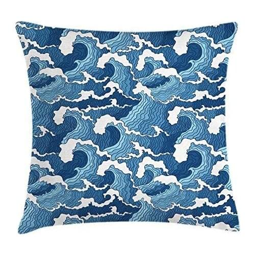 Pooizsdzzz Japanese Wave Throw Pillow Cushion Cover, ormy Sea with Abract Chinese Folk Art Influences, Decorative Square
