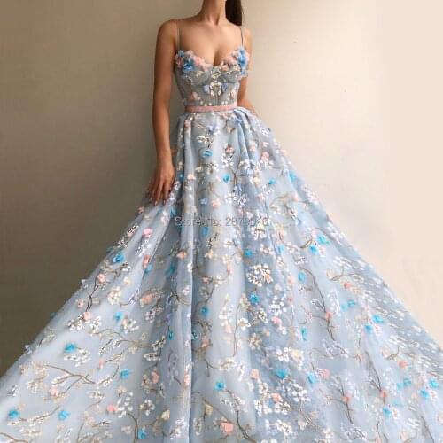 Sky Blue A-Line Sweetheart Tulle Evening Dress Spaghetti Strap Applique Pink Sash Formal Dress Full-Length Lady Dress Custom