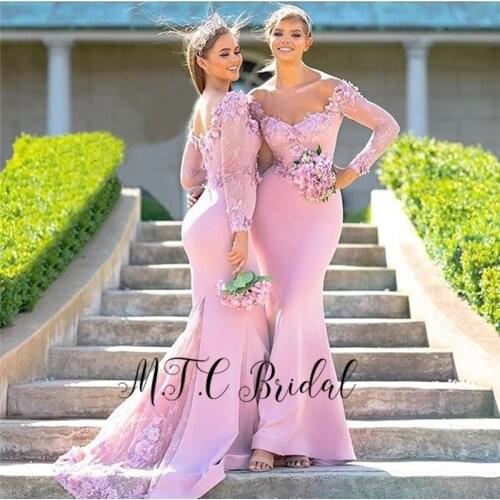 Dusty Pink Long Sleeve Mermaid Bridesmaid Dresses 2019 New Lace Appliques Gorgeous Dubai Maid Of Honor Dress Custom Made