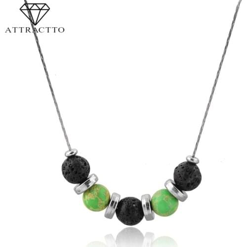 ATTRACTTO Green Long Statement Necklace Pendants Charms For Women Stainless Steel Necklaces Silver Geometric Necklace SNE190021